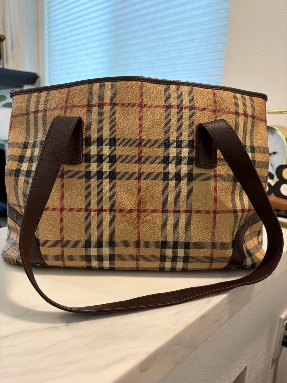 Authentic Burberry Canvas Tote Bag with Brown Trim